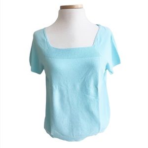 Talbots Fine Knit Square Neck Short Sleeve Stretch Sweater Aqua Blue S & XP NWT
